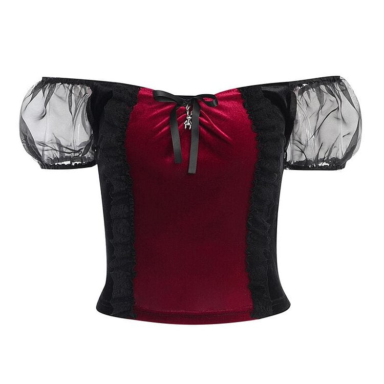 InsDoit Gothic Velvet Puff Sleeve Black T Shirts Women Vintage Bow Aesthetic Patchwork Crop Top Bodycon Summer E Girl Sexy Tees