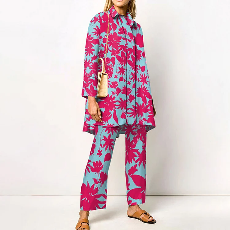 Lapel Red Maple Leaf Print Two Piece Set
