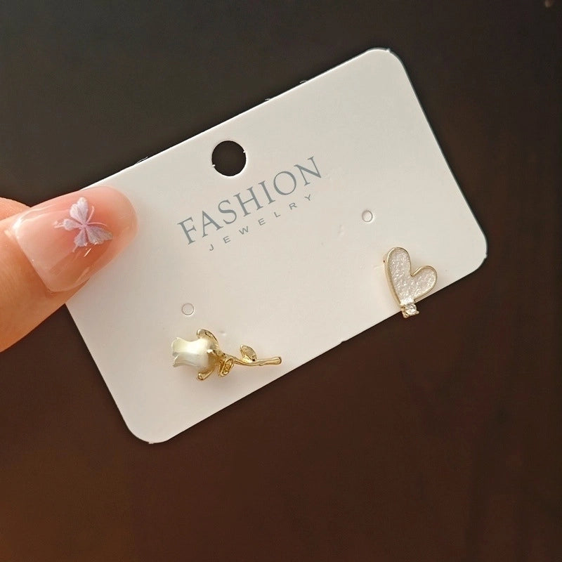 3 Pieces Sweet Heart Shape Rose Flower Inlay Imitation Pearl Alloy Rhinestones Earrings