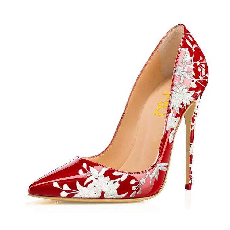 Women's Red Floral Heels Pencil Heel Pumps |FSJ Shoes
