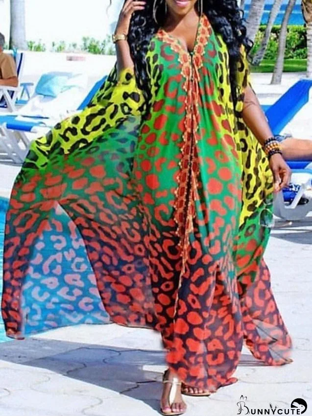 Casual Dress Swing Dress Long Dress Maxi Dress Green Yellow Sleeveless Color Gradient Print Fall Spring Autumn V Neck S M L XL XXL 3XL for Women