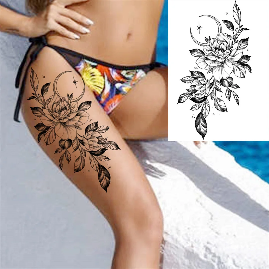 Large 3D Rose Flower Temporary Tattoos For Women Men Adults Death Skull Tattoo Sticker Peony Dahlia Black Fake Tatoos Forearm
