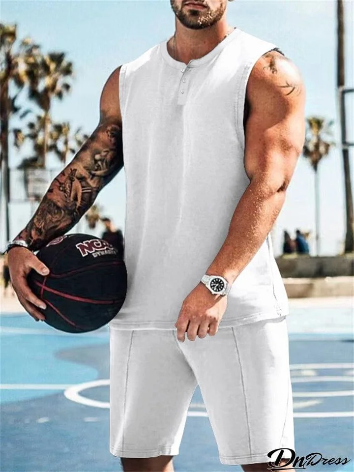 Trendy Henley Vest Shorts Men's Solid Sports Two-piece Suit