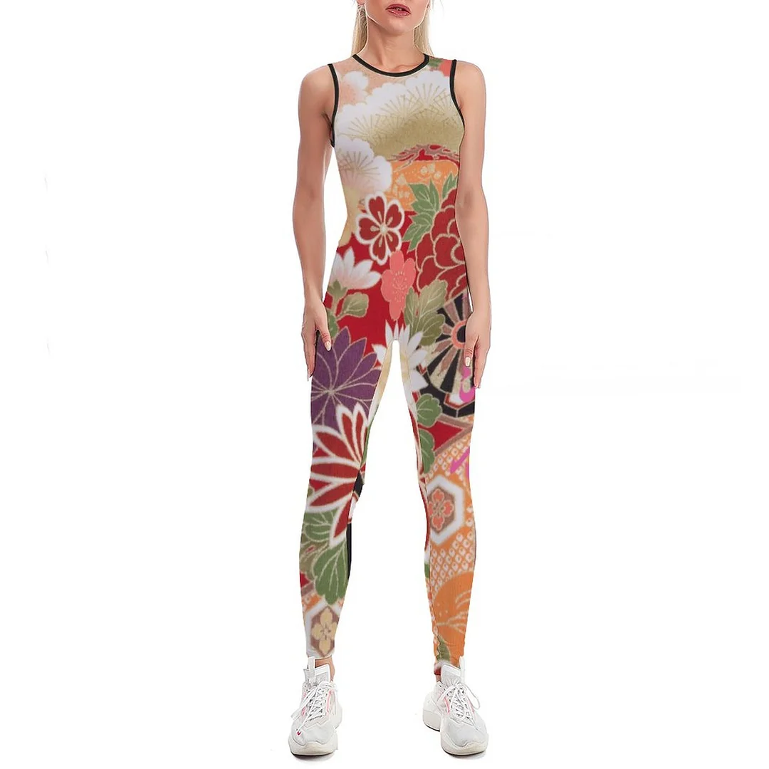 Oriental Flower Print Bodycon Tank One Piece Jumpsuits Long Pant Retro Yoga Printing Rompers Playsuit for Women