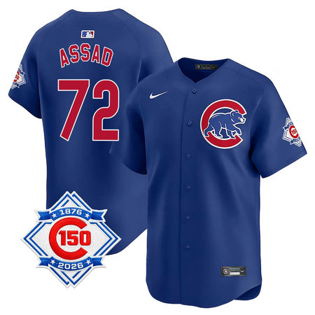 Youth Chicago Cubs #72 Javier Assad Royal Nike Alternate Vapor Limited 150th Anniversary Authentic Lettering Jersey