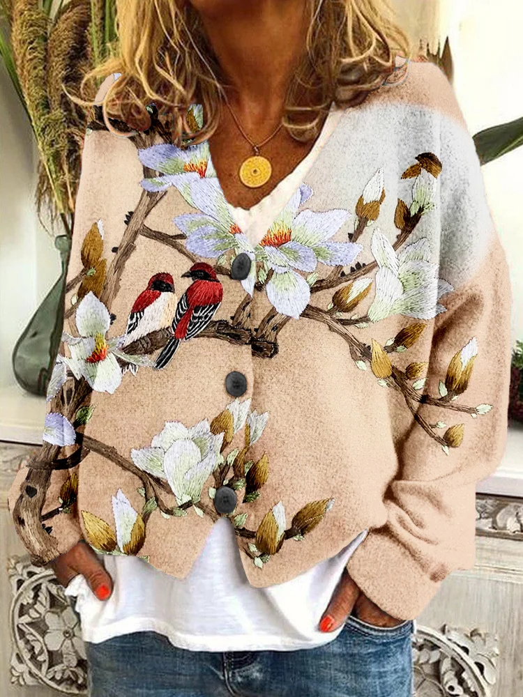 Magnolia Flower with Birds Silk Embroidery Art Cozy Cardigan