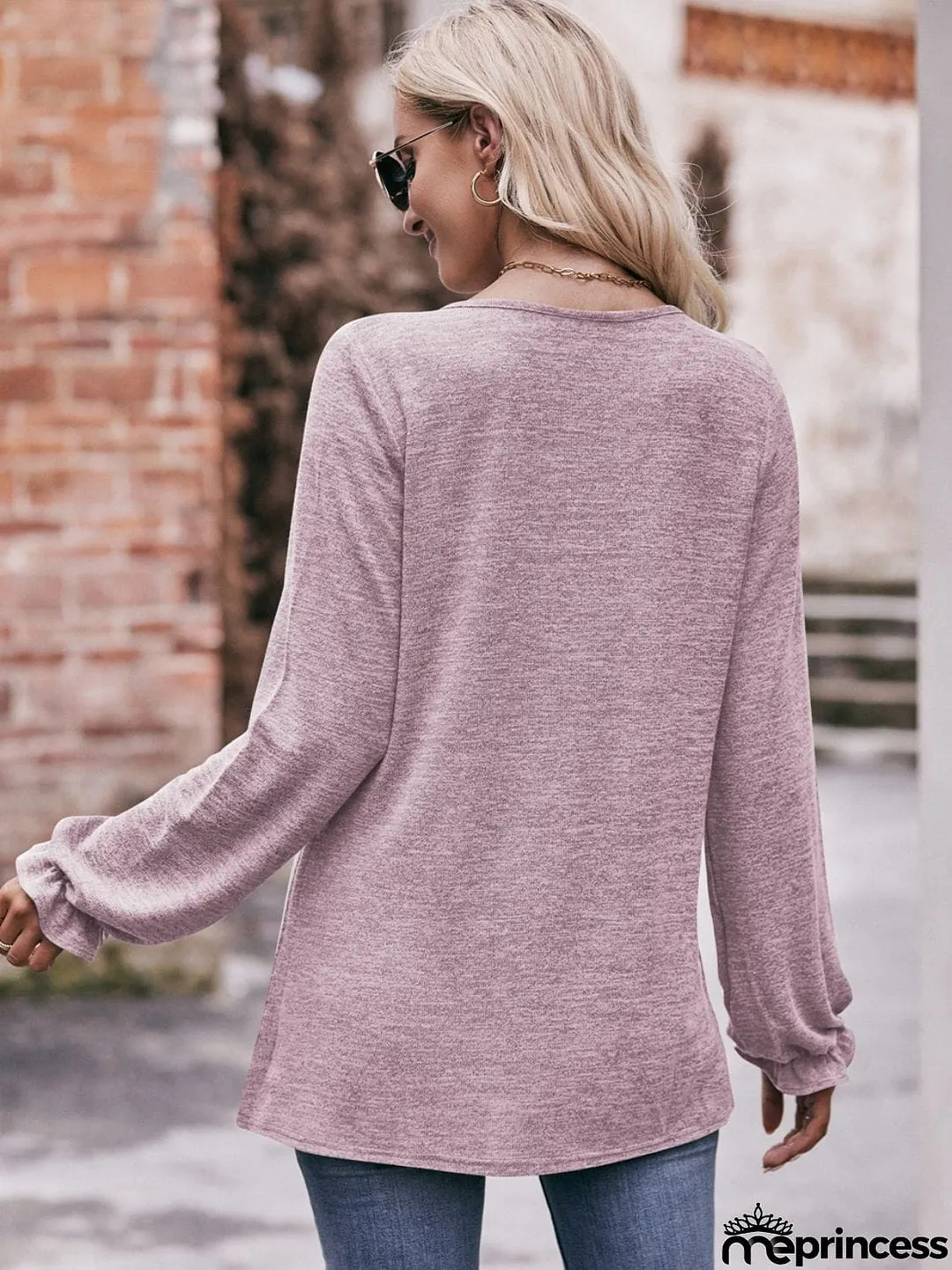 Long Flounce Sleeve Round Neck Blouse