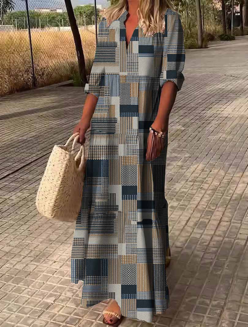 Women Patchwork,Grey,Black DZDN0887 SPU Printed Long Sleeve V-neck Maxi Dress
