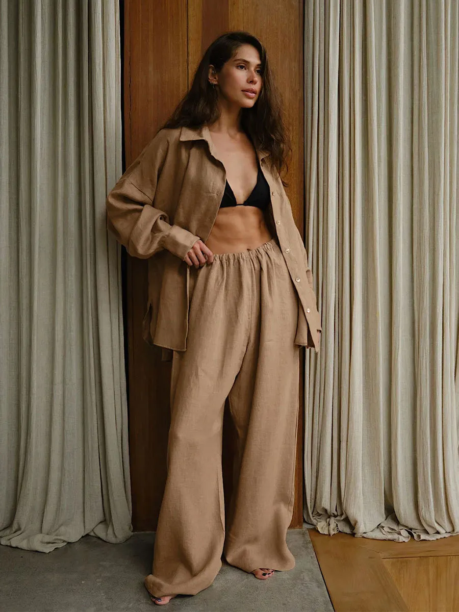 Churchf Churchf Sleeve Casual Suit Autumn 2024 New Women's Loose Casual Cotton Shirt Pants Suit