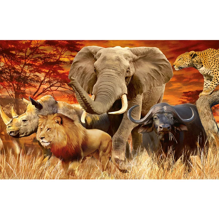 Full Round Diamond Painting - Jungle Lion Elephant 60*40CM