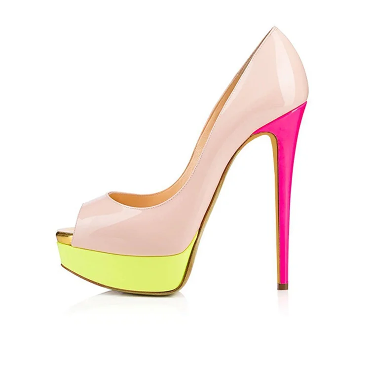 Nude and Pink Peep Toe Platform Stiletto Heels Pumps |FSJ Shoes