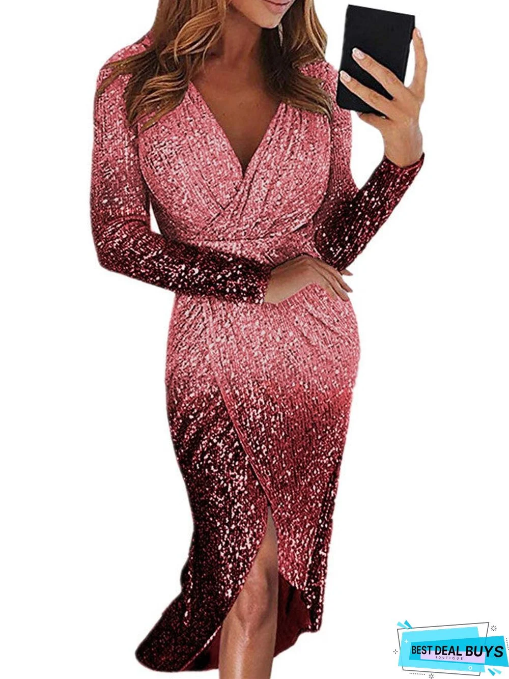 Long Skirt Evening Dress Long Sleeve Gradient Color Sequin Dinner Dress