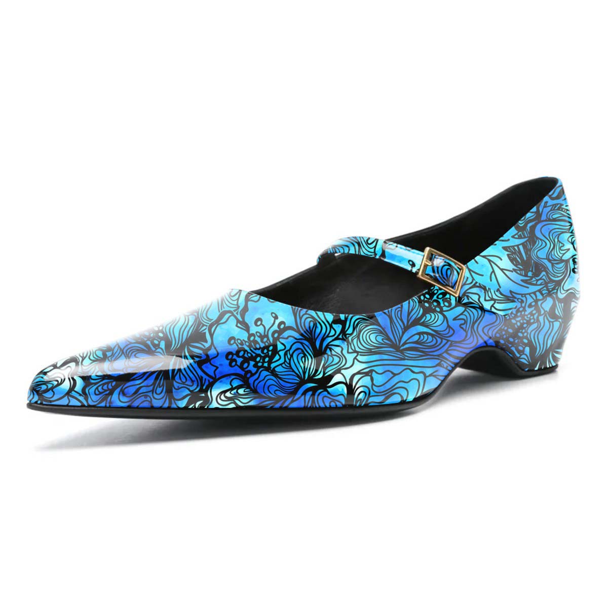 Multicolor Flower Print  Pointed Toe Buckle Strap Mary Jane Heels Nicepairs
