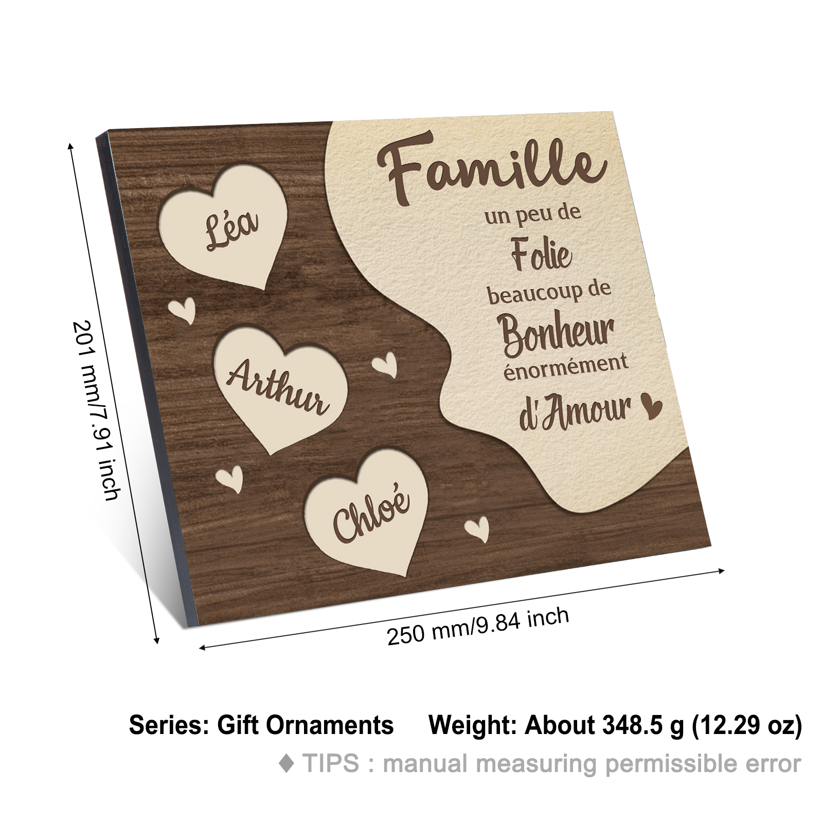 Cadre en Bois Cœur 3 Prénoms Personnalisés pour Famille