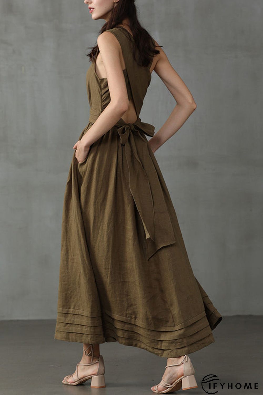 Cross Back O Neck Maxi Linen Dress | IFYHOME