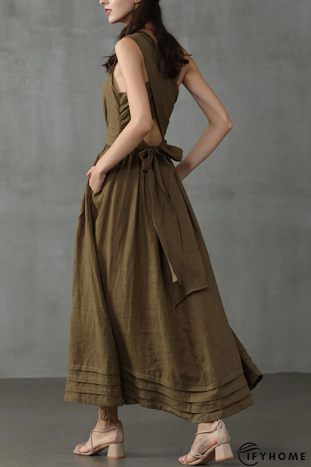 Cross Back O Neck Maxi Linen Dress | IFYHOME
