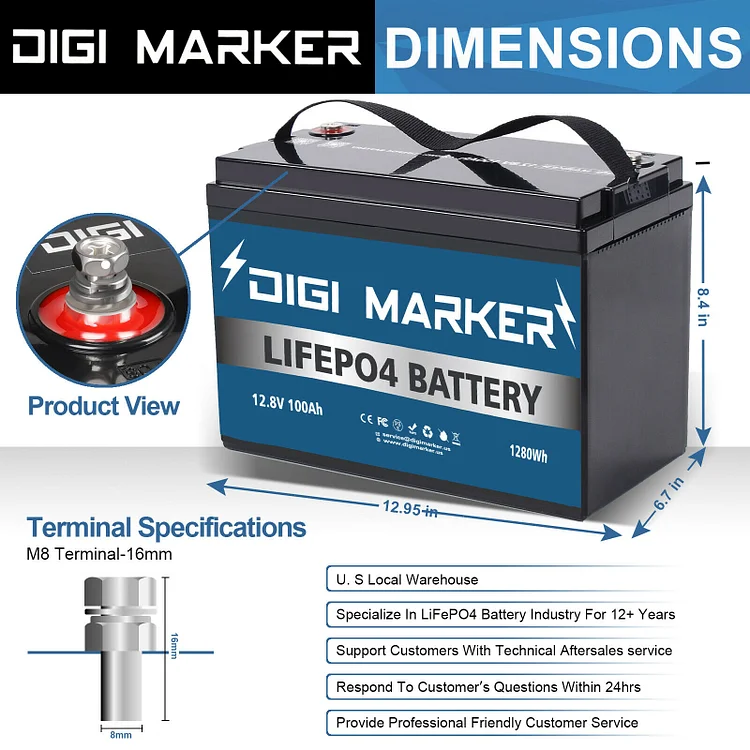 Bluetooth100Ah Lithium Battery,12.8V 100Ah LiFePO4 Deep Cycle Marine  Battery 1280Wh With Bluetooth - Digi Marker