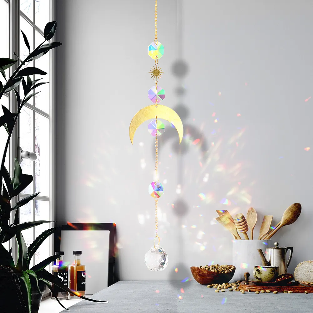 Hanging Crystal Light Catcher Metal Moon Sun Garden Wall Wind Chime (68)