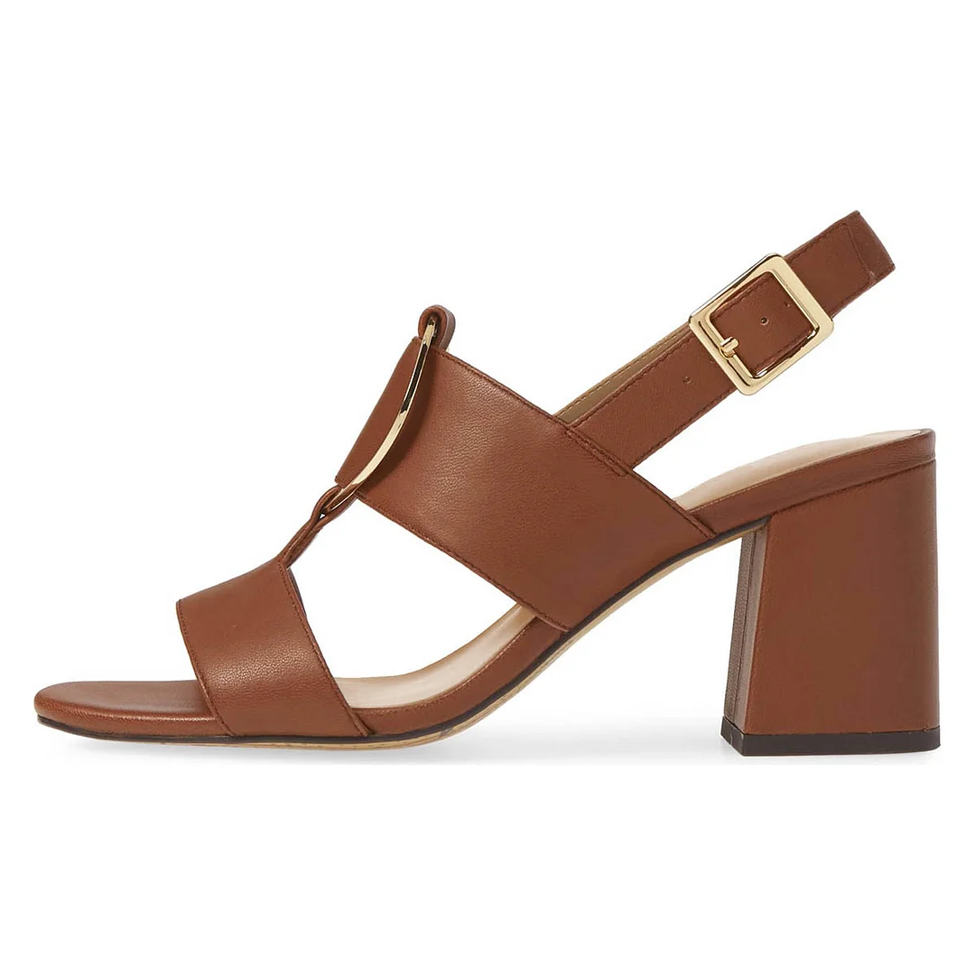 Women's Brown Vegan Leather Open Toe Buckle Block Heel Sandals