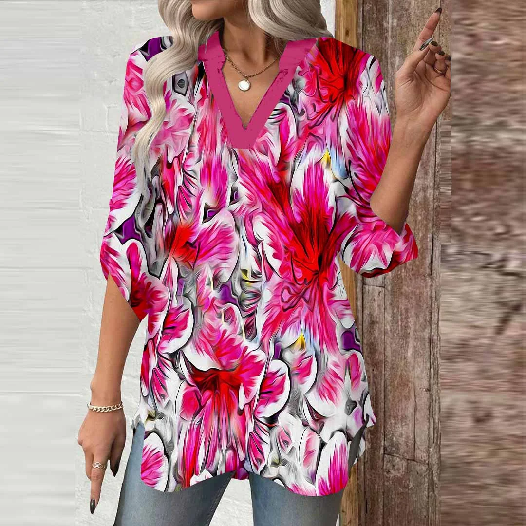 Women Floral, Red, Gray DZGA0751 3/4 Sleeve V-neck Printed Graphic Button Tops