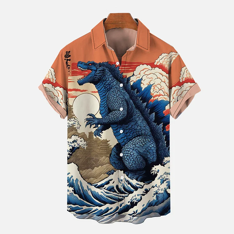 Ukiyo-E Art Japanese Style Roaring Monster Godzilla And Wave Print Short Sleeve Shirt