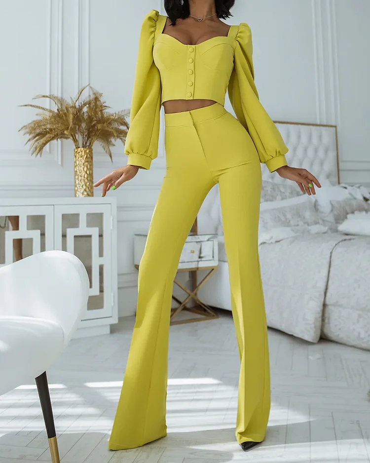 Casual Solid Color Long Sleeve Top & Pants Two Piece Set