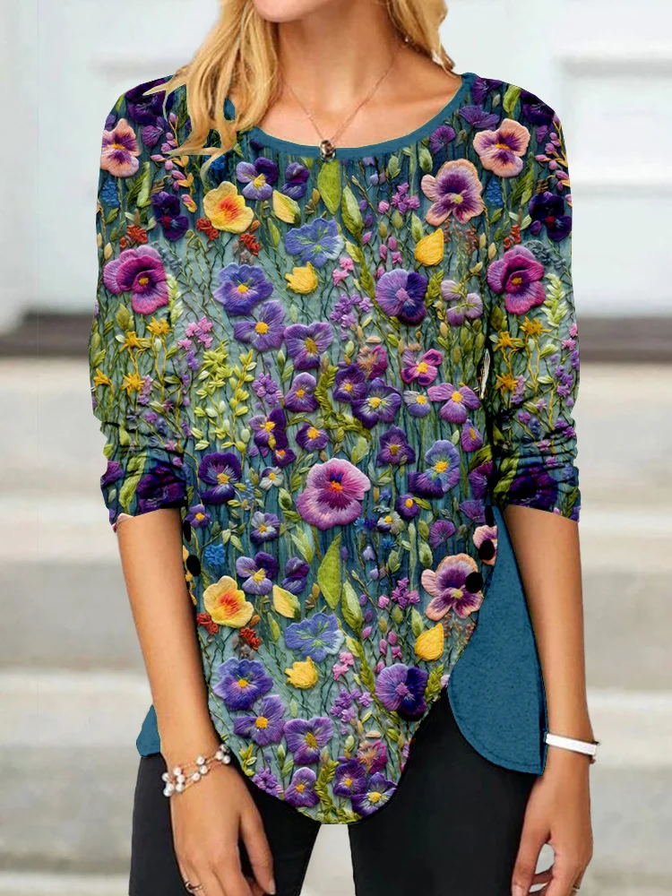 VChics Violet Wildflower Embroidery Art Button Slit Comfy T Shirt