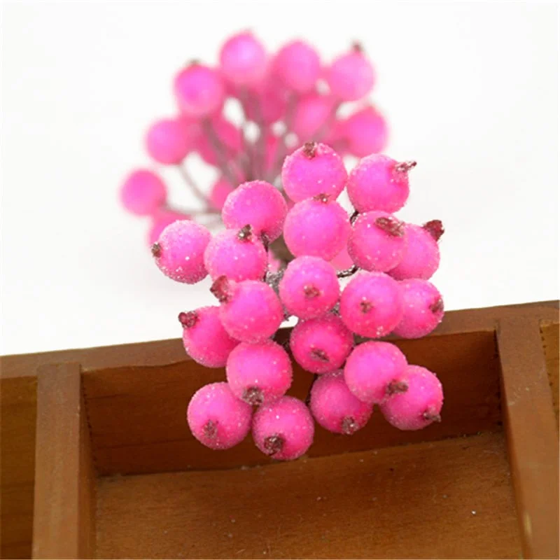 20pcs Mini Double Heads Artificial Glass Berries Pomegranate Red Cherry Bouquet Stamen Christmas Decorative DIY Craft Fake Fruit