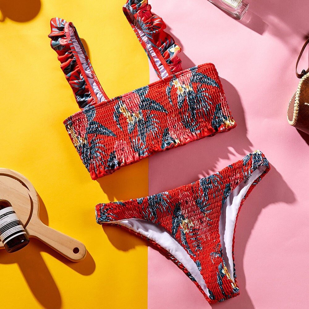 Red Floral Ruffle Bikini Sets Sexy Lace Up Low-rise Swimsuit High Waist Two Pieces Swimwear Women 2020 Beach Bathing Suit
