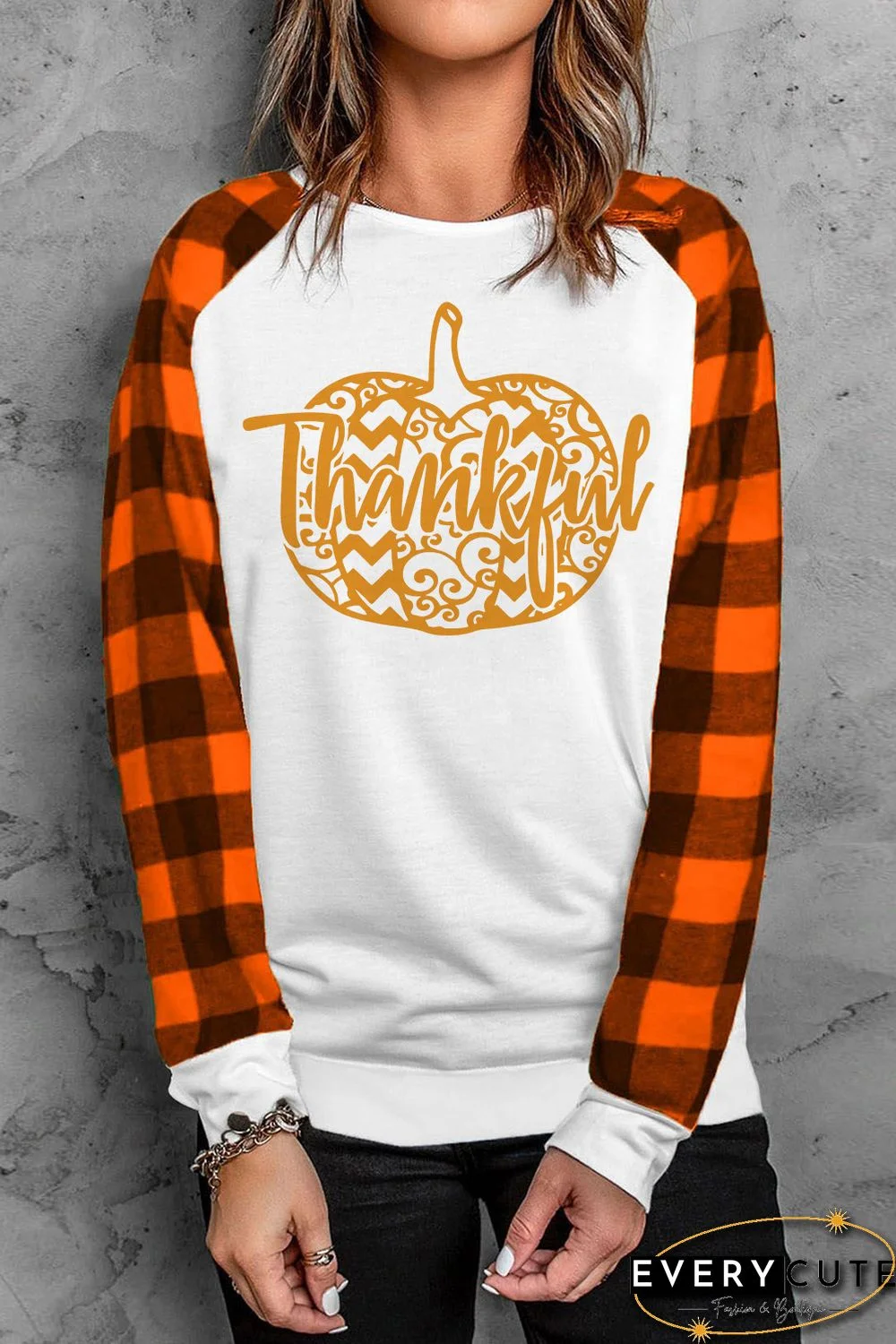 Orange Thankful Pumpkin Graphic Plaid Long Sleeve Top