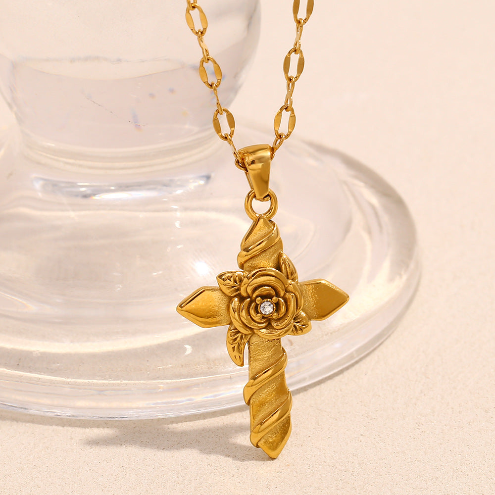 Ins Fashion Retro Personality Pendant Stainless Steel 18K Gold Plated Rose Cross Pendant Necklace Female