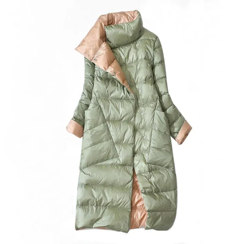 FTLZZ Duck Down Jacket Women Winter Long Double Sided Plaid Coat Female Plus Size Warm Down Parka Slim Outwear