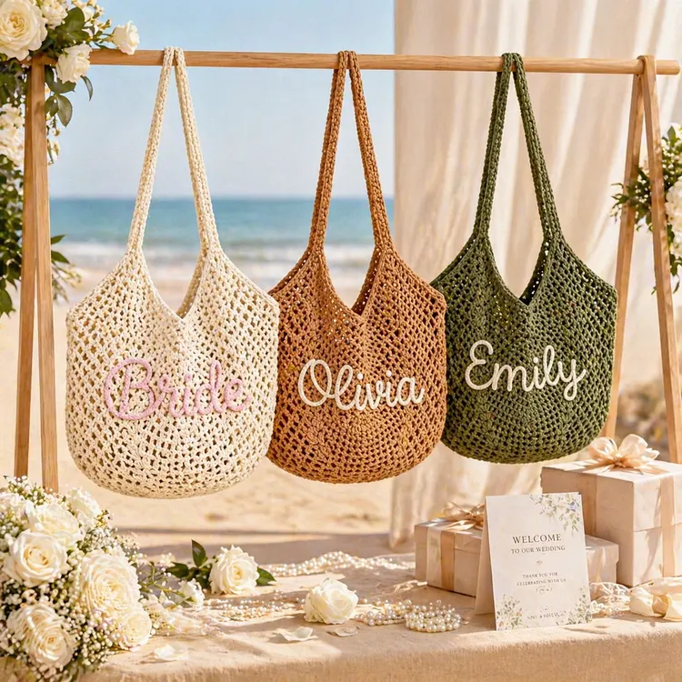Personalised Straw Knitted Beach Bag and Crochet Tote - Unique Bridesmaid Gift Bags, Travel Wedding Favor, Bachelorette Trip Present