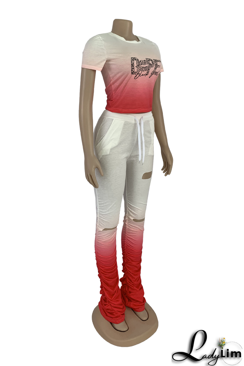 Red Fashion Gradual Change Ripped O Neck Short Sleeve Two Pieces