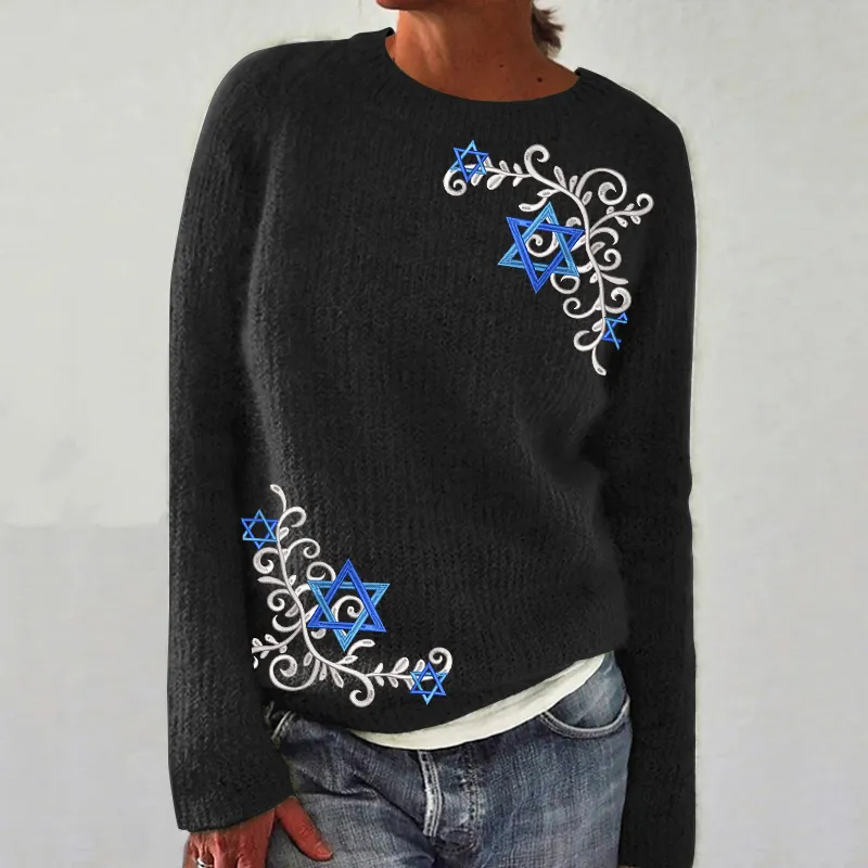 Women's Hanukkah Embroidery Print Knit Sweater