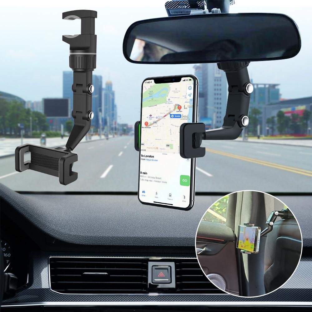 Multifunctional rearview mirror phone holder.