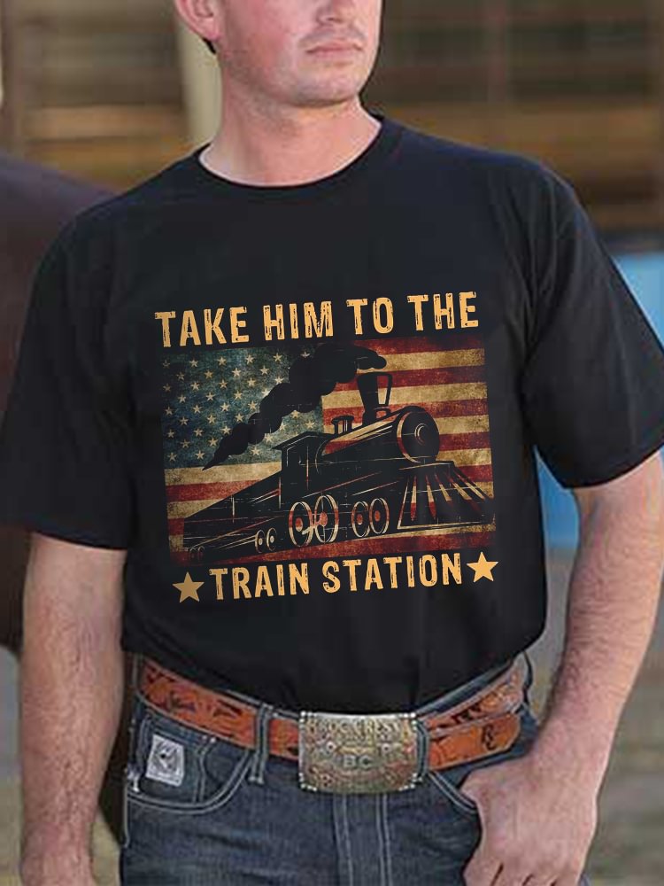 Western Train Station Print Short Sleeve T-Shirt