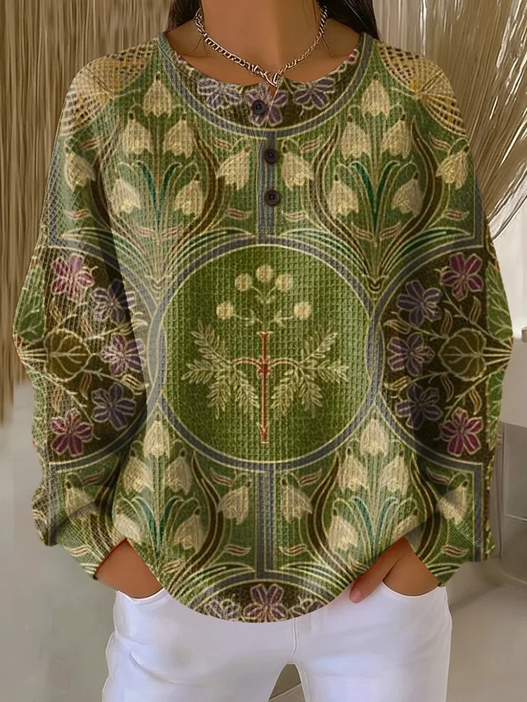 Women's Vintage Abstract Geometric Floral Painting Art Print Casual Cotton Shirt