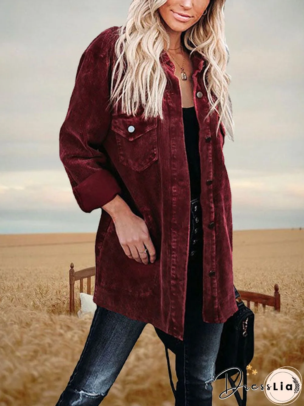 Women Medium-Length Corduroy Coat