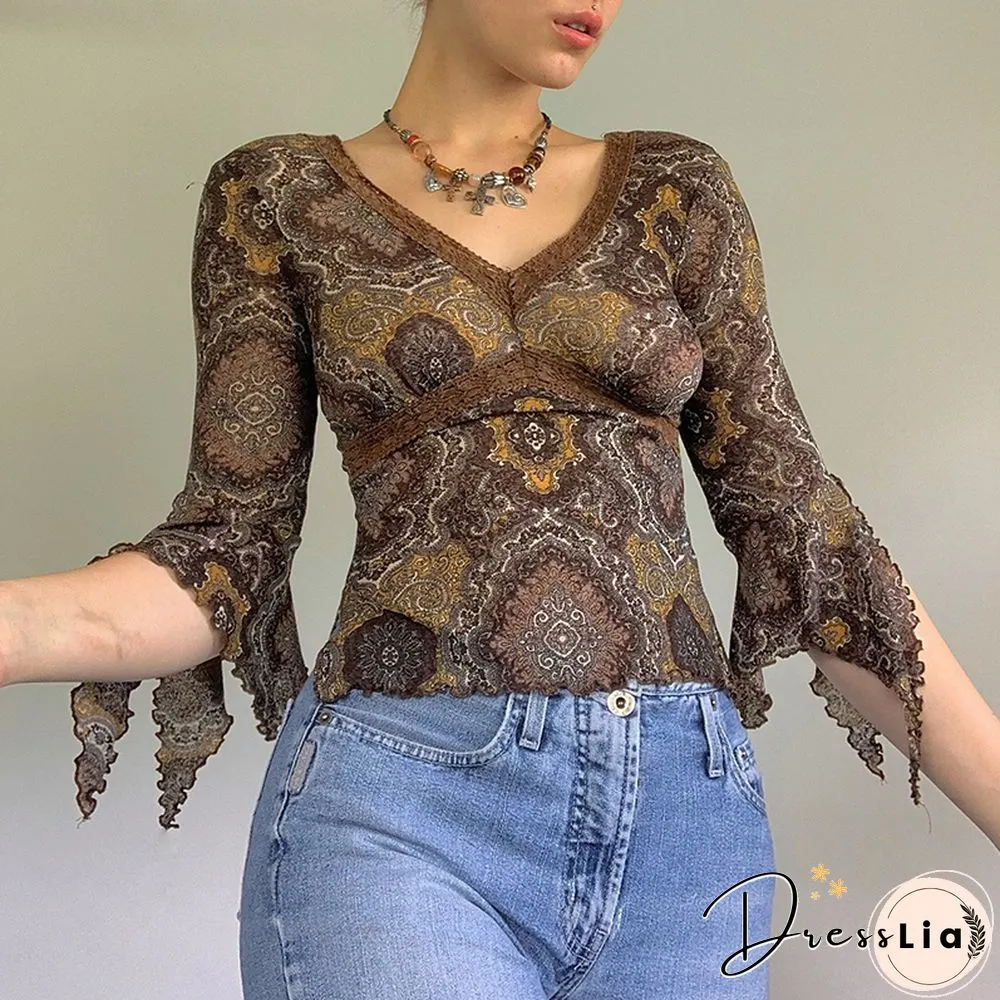 Autumn Lace Floral Mesh Tops Women Vintage Half Flare Sleeve Neck T-Shirts Female Elegant