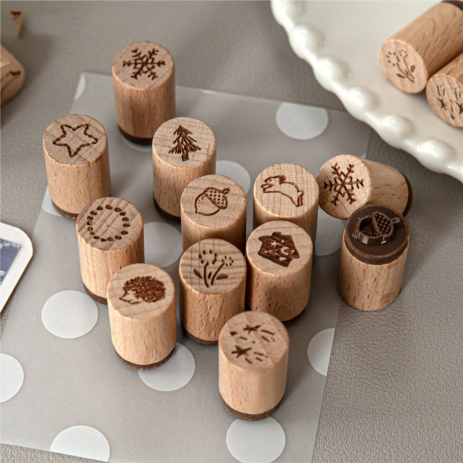 나무 스탬프 - 작은 숲 시리즈 빈티지 동물 꽃 별