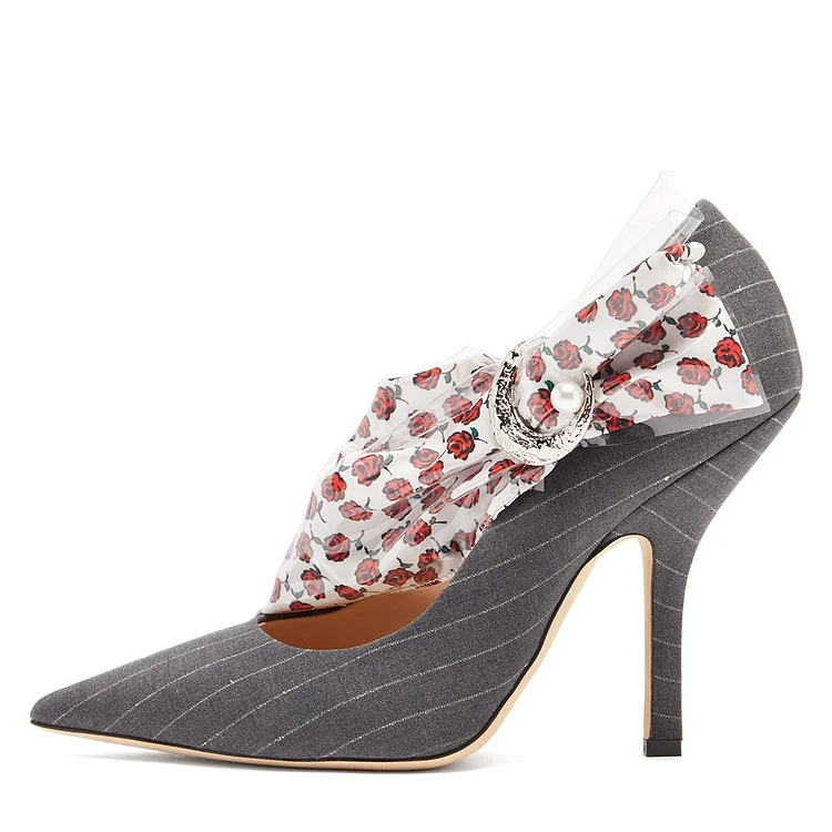 Women's Grey Pointy Toe Stiletto Heels Buckles Pumps |FSJ Shoes