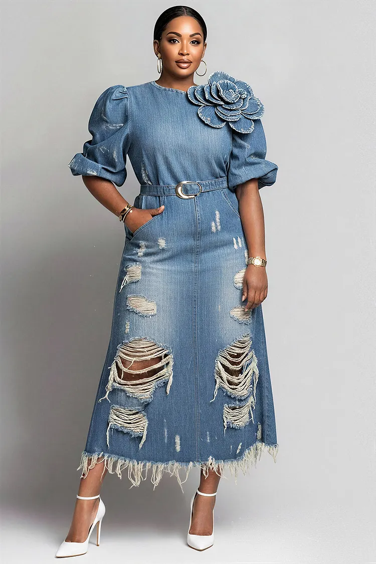 Xpluswear Design Plus Size Party Light Blue Round Neck Puff Sleeve Short Sleeve 3D Distressed Denim Midi Dresses [Pre-Order] 2024 - Xpluswear