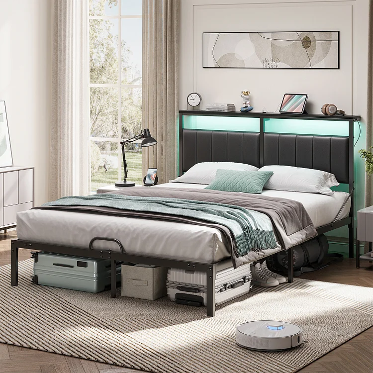 Bestier Modern Platform Bed Frame with Upholstered Headboard, Mattress Slide Stopper, LED Lights, USB Charging Station
