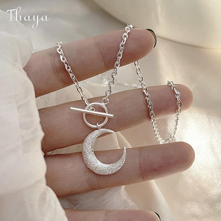 Thaya 925 Silver Glitter Moon Pendant Necklace 