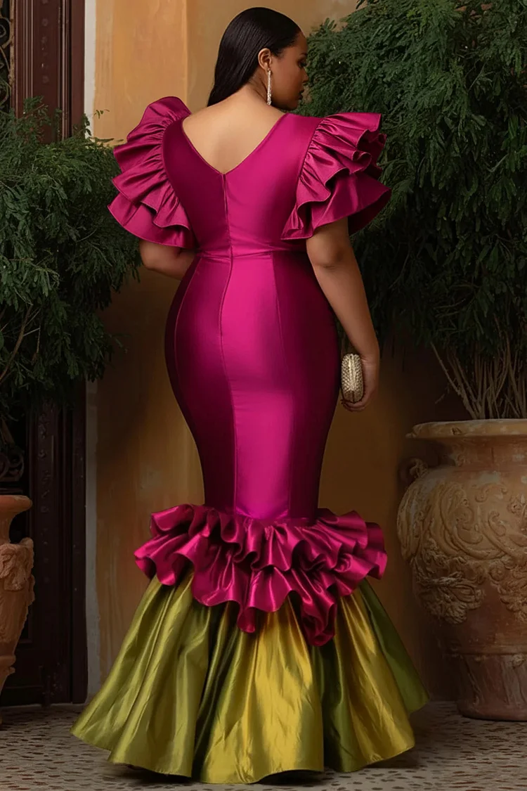 Xpluswear Design Plus Size Formal Multicolor Wrap Neck Flutter Sleeve Short Sleeve Mermaid Elegant Ruffle Satin Maxi Dresses [Pre-Order]