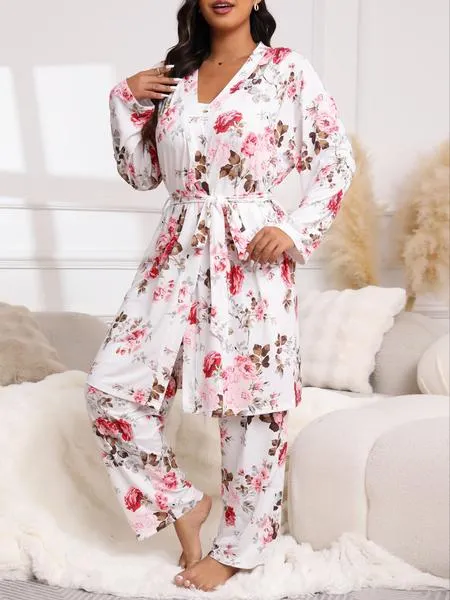 【Plus Size】 Three-Piece Set Floral Print Belted Lounge Robe & Cami Top & Elastic Waist Pants Pyjama Set, Elegant Comfy Drop Shoulder Long Sleeve Robe & Sleeveless Top & Bow Decor Trousers PJ Set, Women's Sleepwear for Spring & Fall, Pajamas 【Plus Size】 Three-Piece Set Floral Print Belted Lounge Robe & Cami Top & Elastic Waist Pants Pyjama Set, Elegant Comfy Drop Shoulder Long Sleeve Robe & Sleeveless Top & Bow Decor Trousers PJ Set, Women's Sleepwear for Spring & Fall, Pajamas