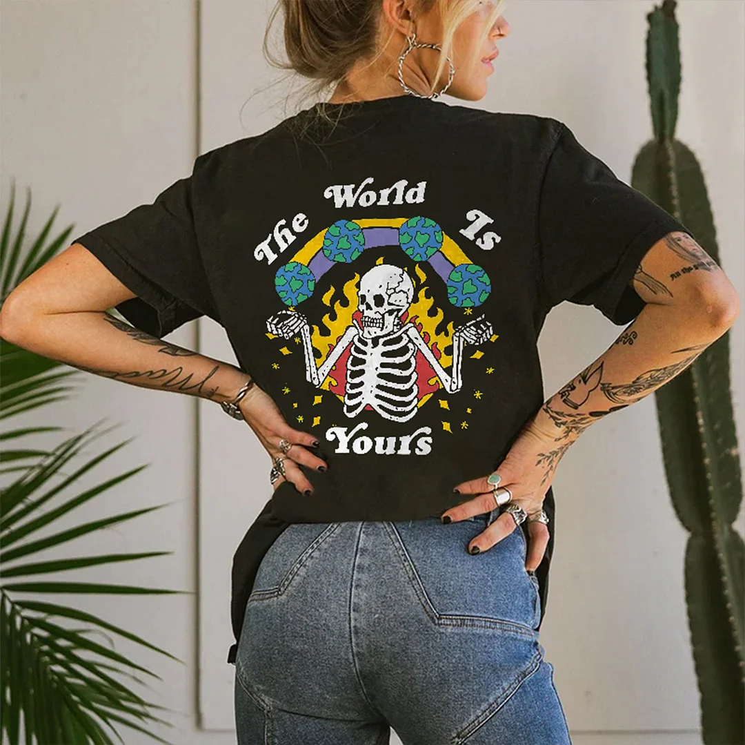 THE WORLD IS YOURS Skull Black Print Loose-fit T-shirt