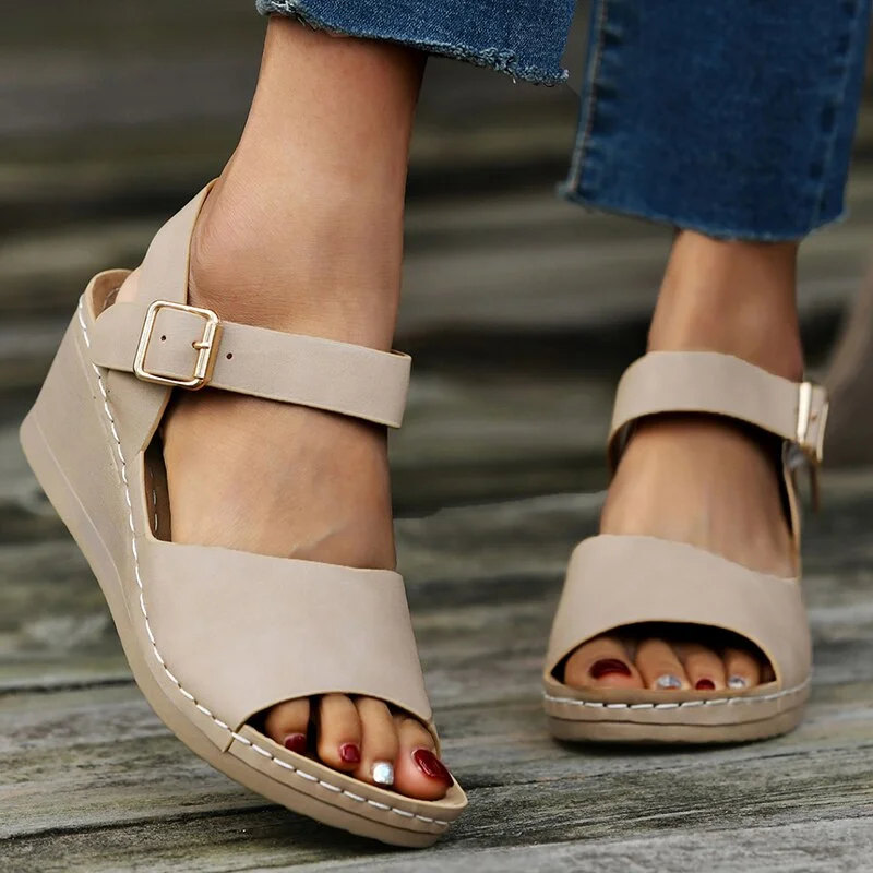 Women's PU Leather Wedges Sandals Summer 2022 Chunky Platform Beach Shoes Woman Open Toe Buckle Sandalias Mujer Plus Size