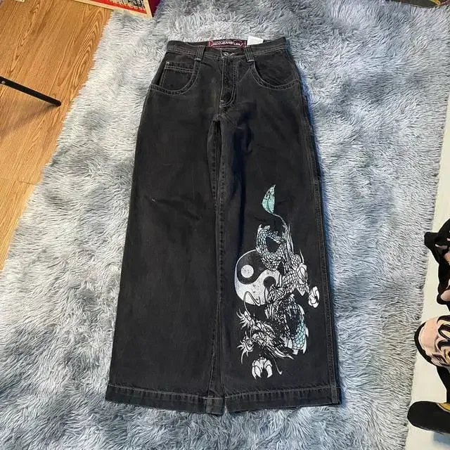 Megaarcadee Hip Hop Gothic Jeans Streetwear Retro Flame Skull Pattern Embroidered Loose Harajuku Jeans Men Women Wide Pants Trousers